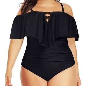 Daci Plus Size One Piece Swimsuit Ruffle Off Shoulder Bathing Suit black 20w